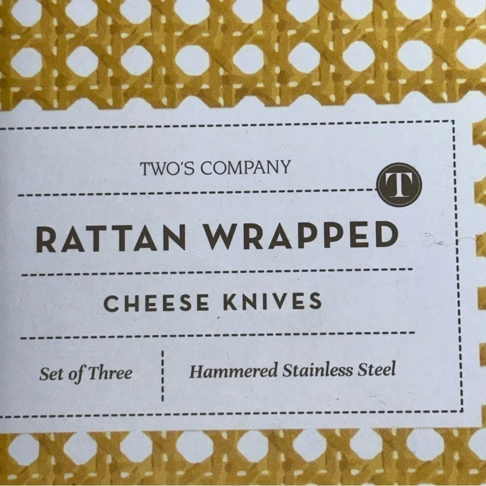 Two’s Company Rattan Wrapped Set of 3 Hammered Steel Cheese Knives BNIB